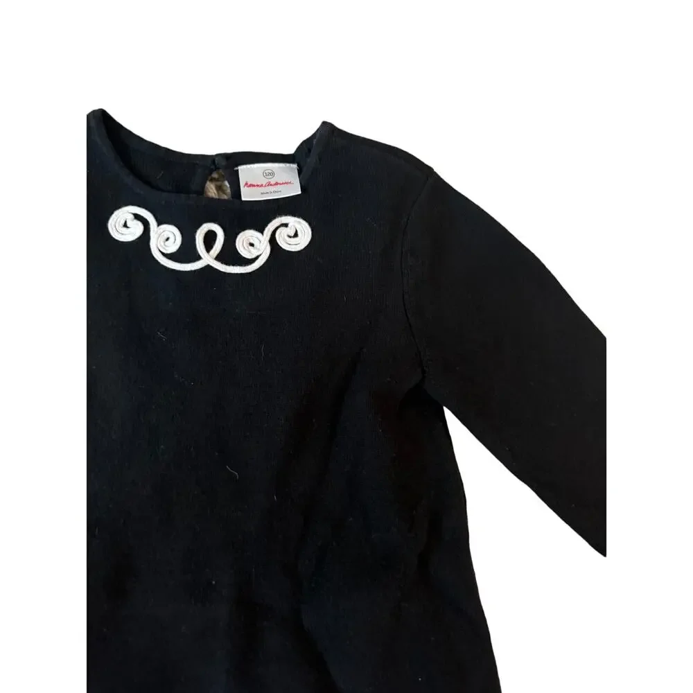 Hanna Andersson |  Black + White Embroidered 100% Cotton Knit Dress | Size 6-7